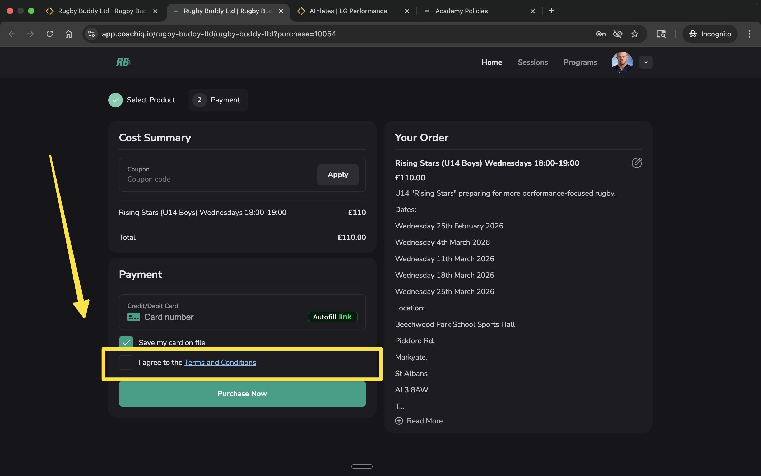 Checkout page showing terms agreement checkbox