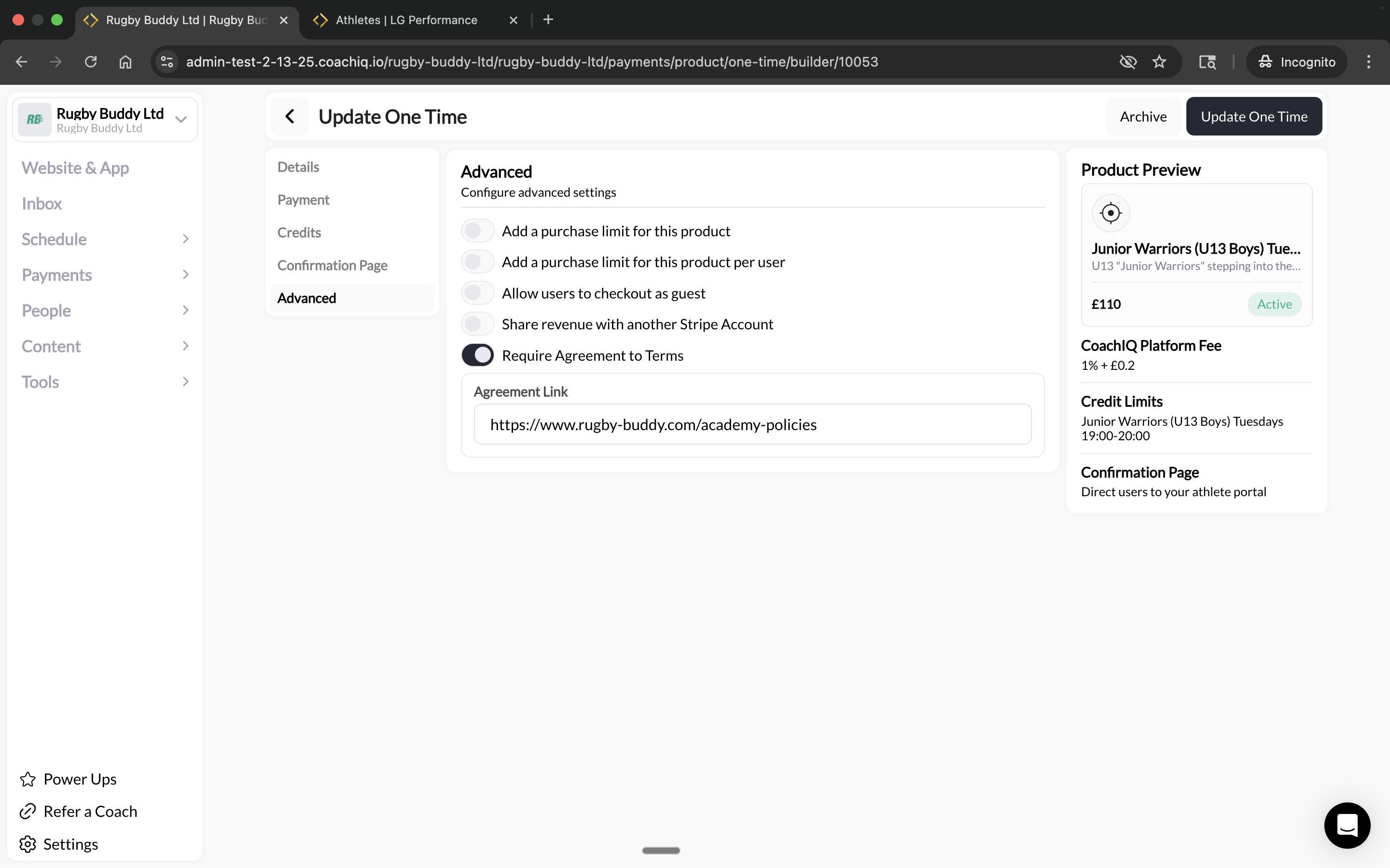 Product builder terms settings