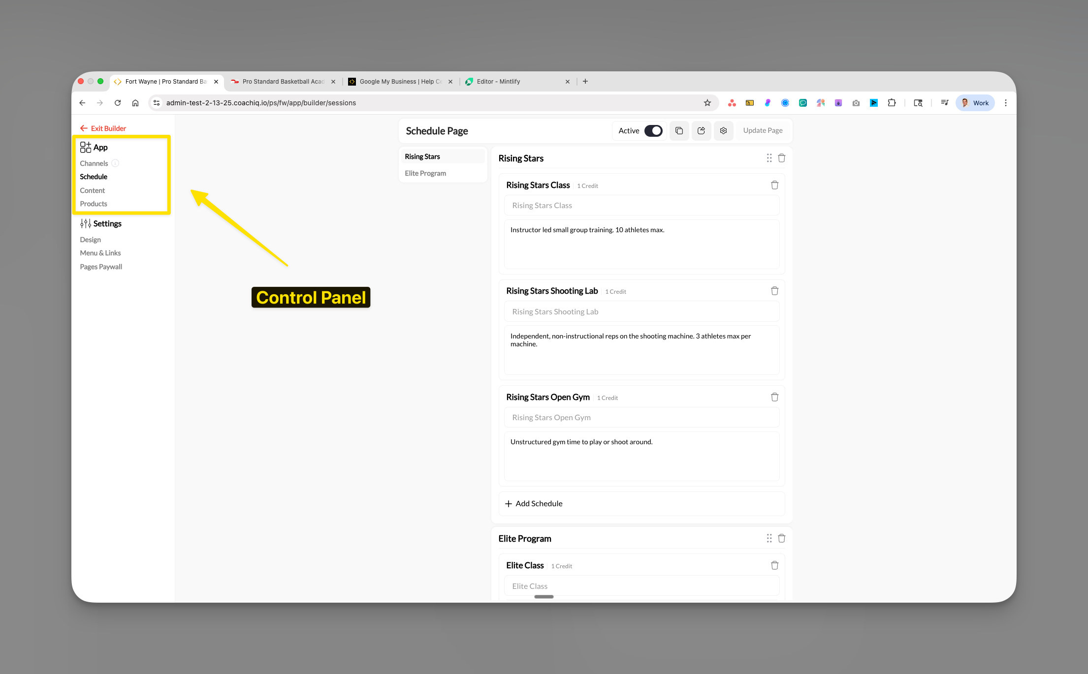 App Builder control panel and interface layout