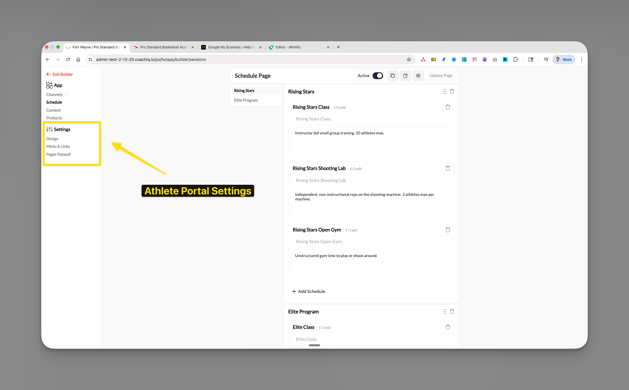 App Builder settings navigation