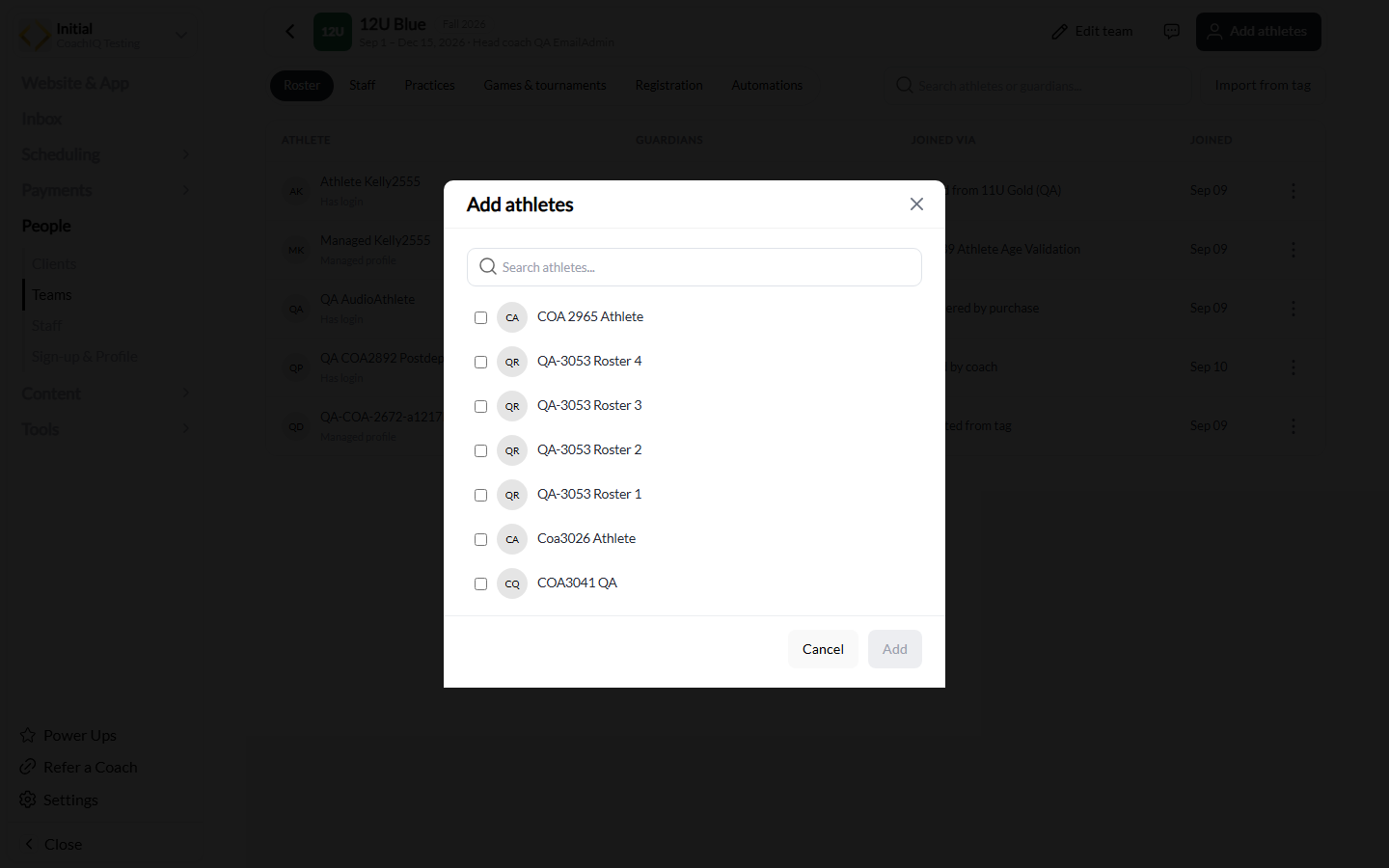 Add athletes dialog with search, profile checkboxes, and the Add button
