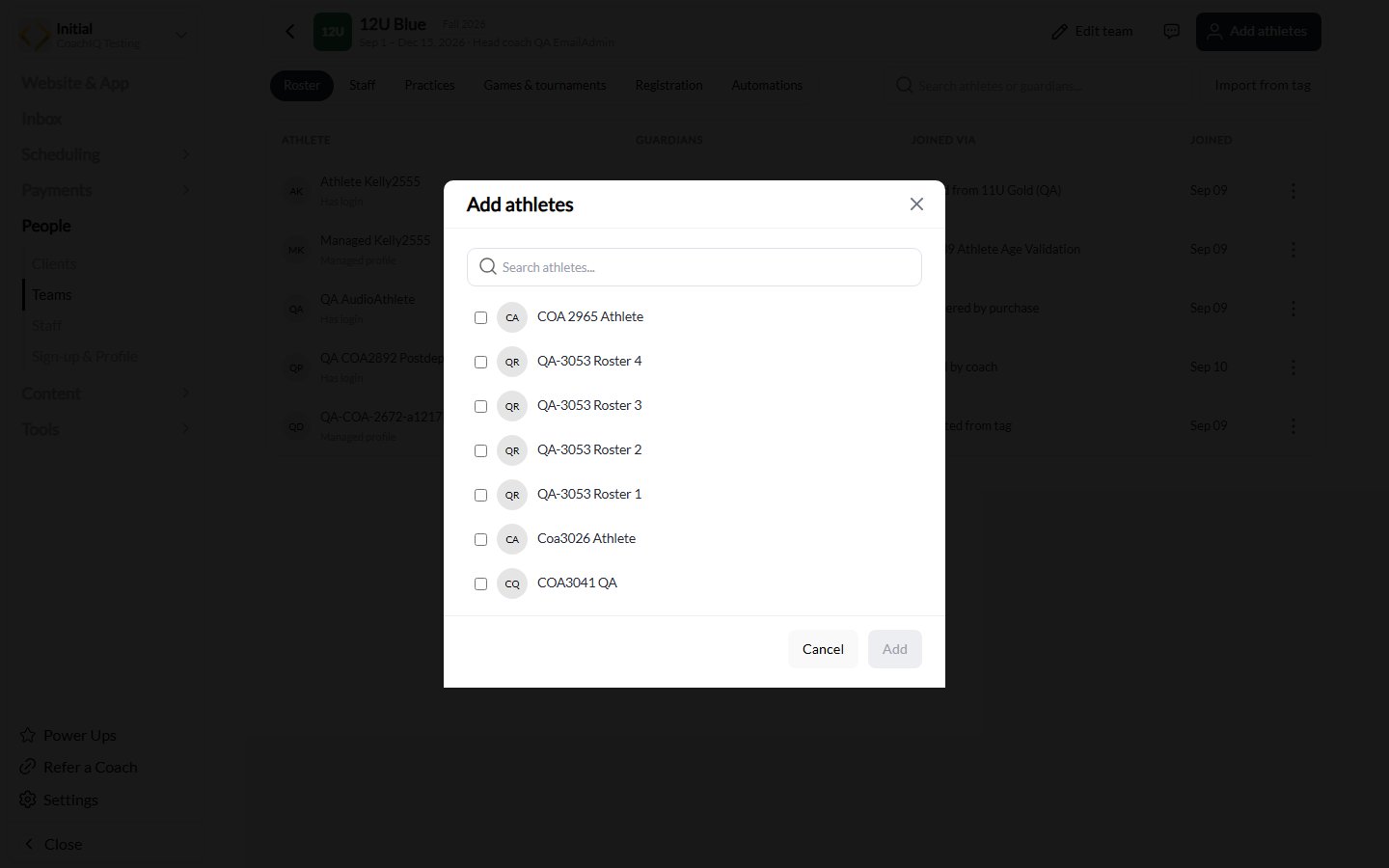 Add athletes dialog with search, profile checkboxes, and the Add button