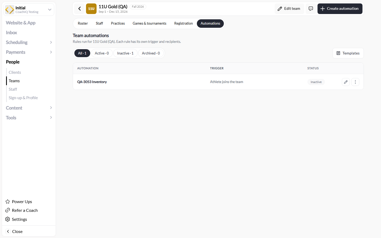 Team Automations tab with status filters, Templates, Create automation, and an inactive athlete-joins rule