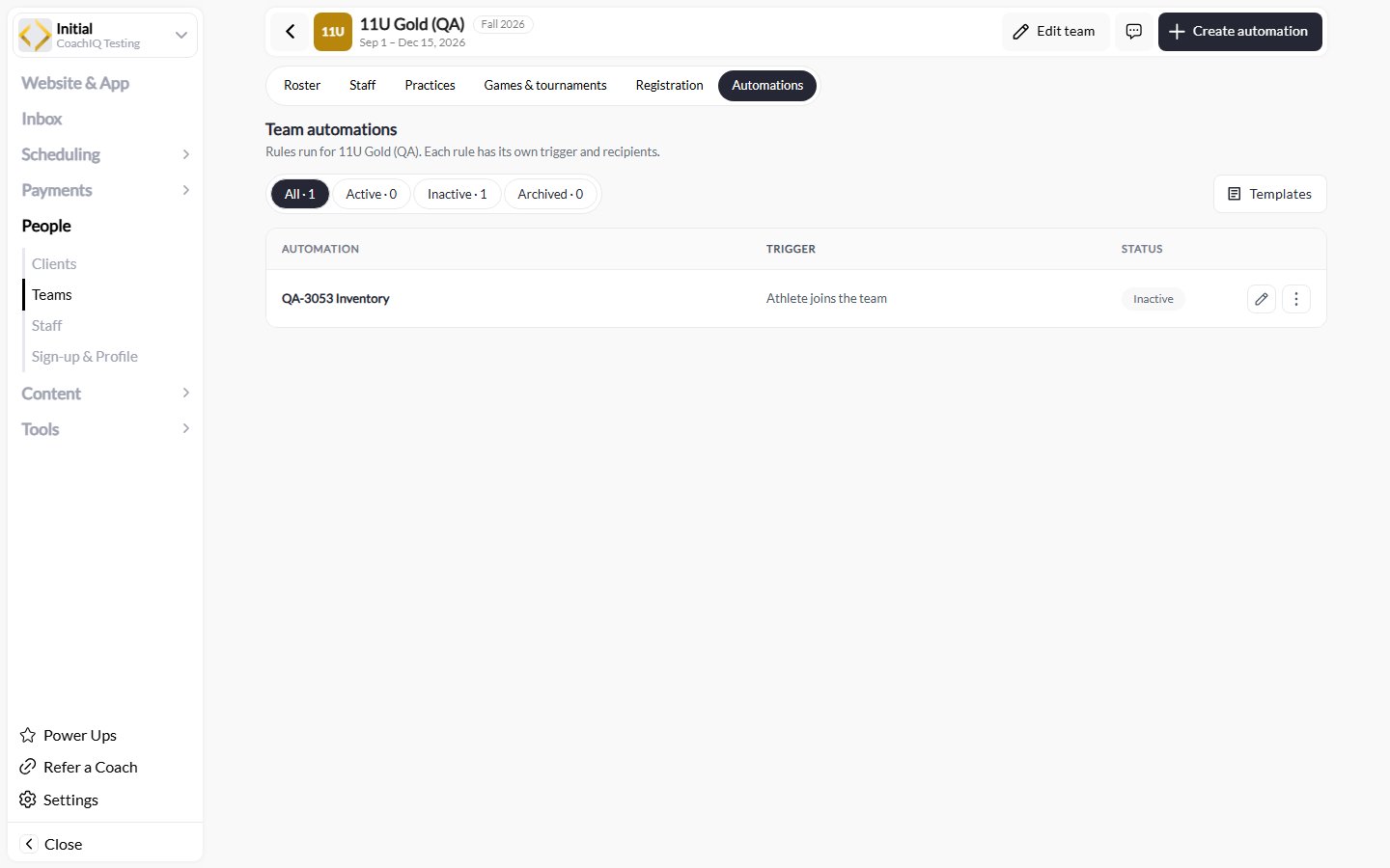 Team Automations tab with status filters, Templates, Create automation, and an inactive athlete-joins rule