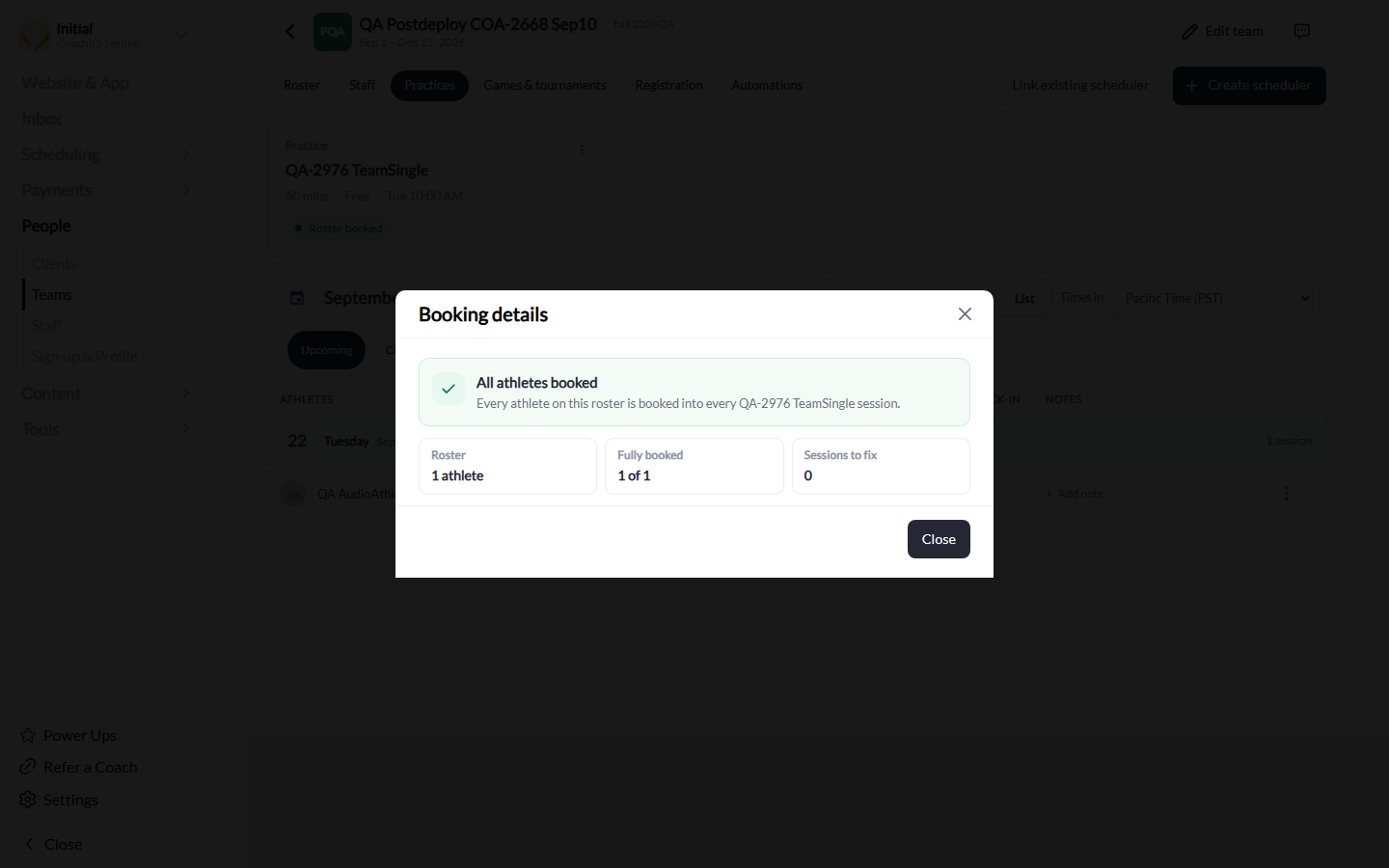 Booking details showing All athletes booked and zero sessions to fix