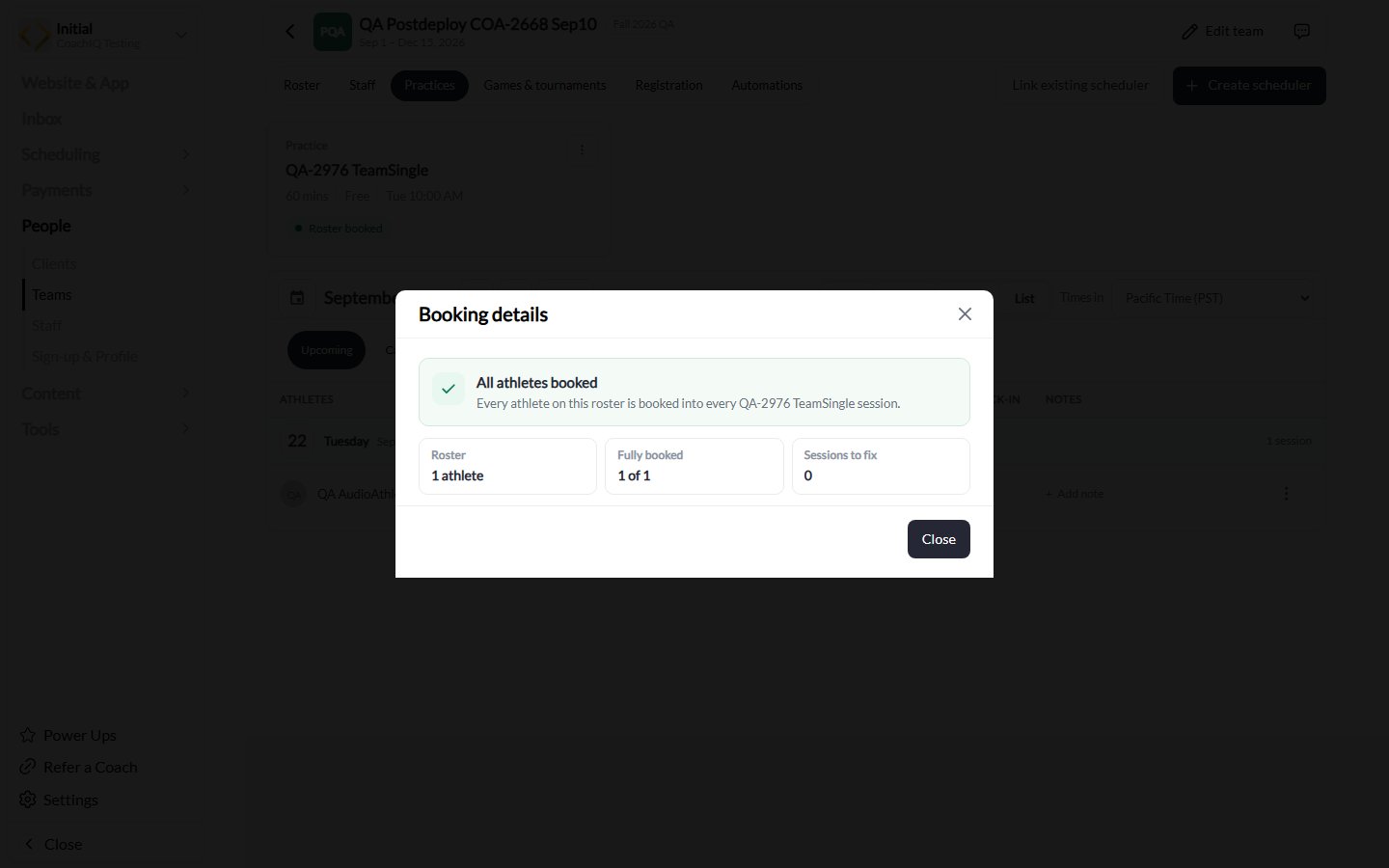 Booking details showing All athletes booked and zero sessions to fix