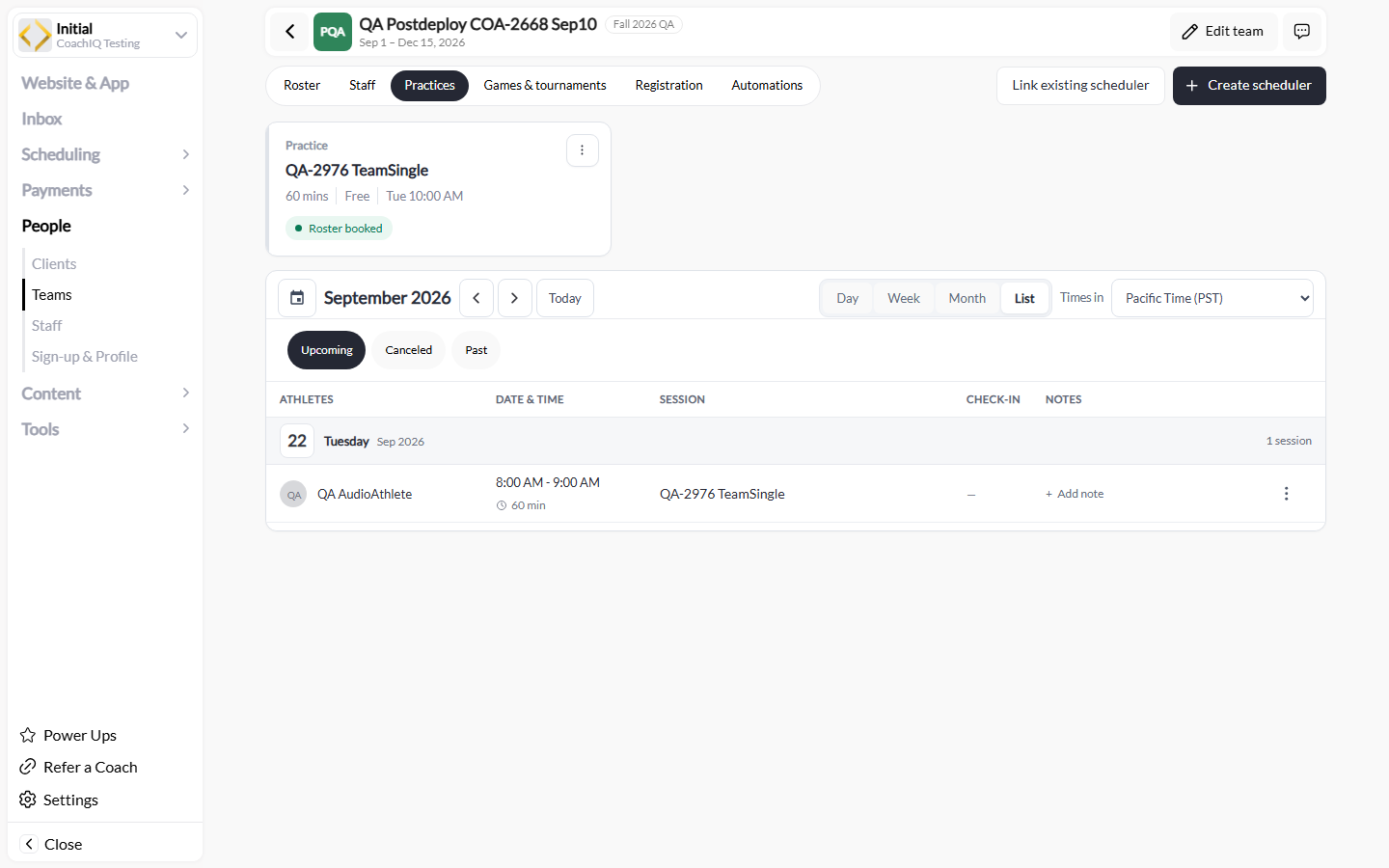 Team Practices tab showing a linked scheduler, Roster booked status, calendar views, timezone, and a dated session