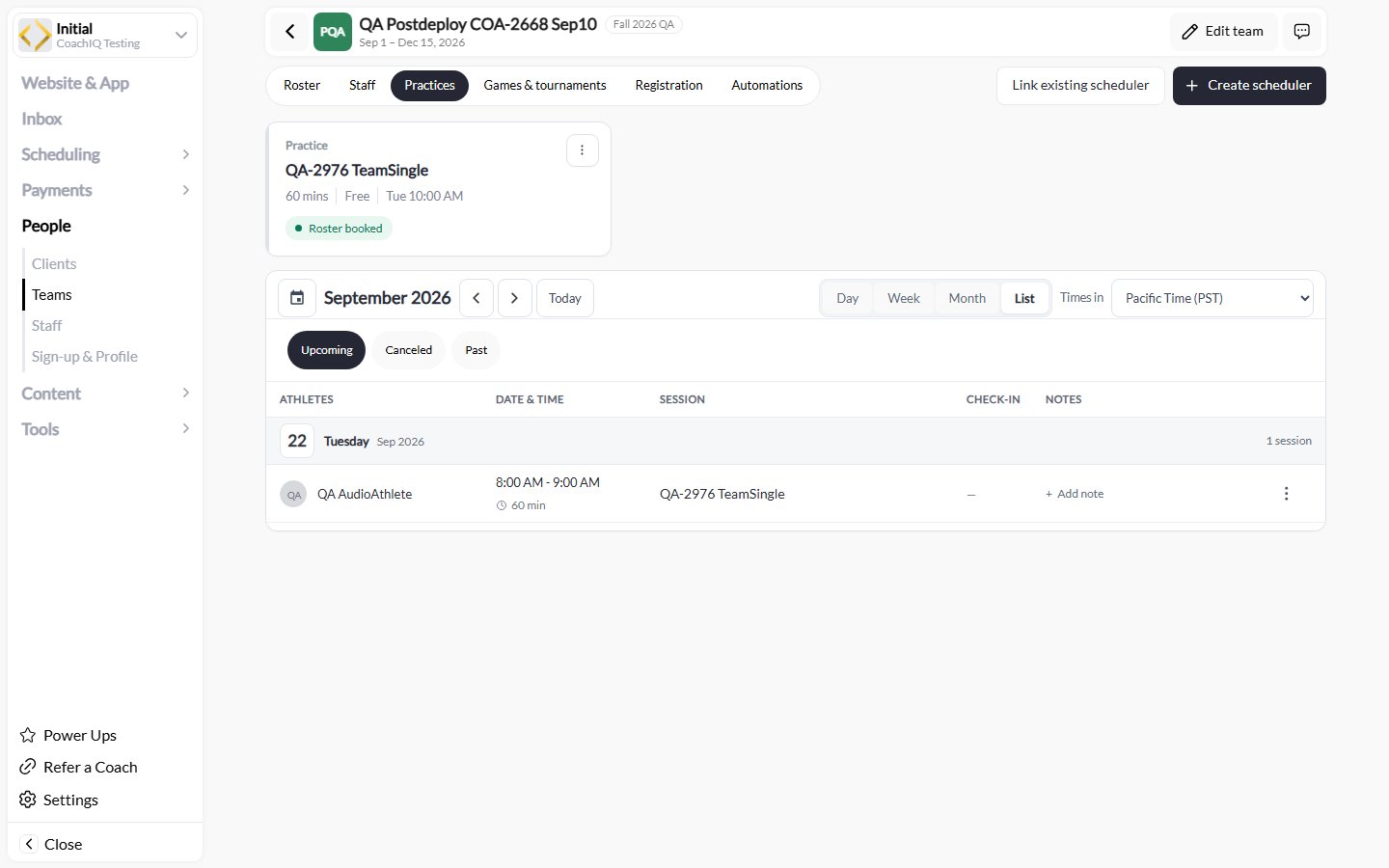 Team Practices tab showing a linked scheduler, Roster booked status, calendar views, timezone, and a dated session