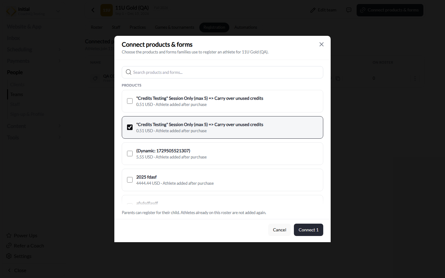 Connect products and forms dialog with one product selected and a Connect 1 button
