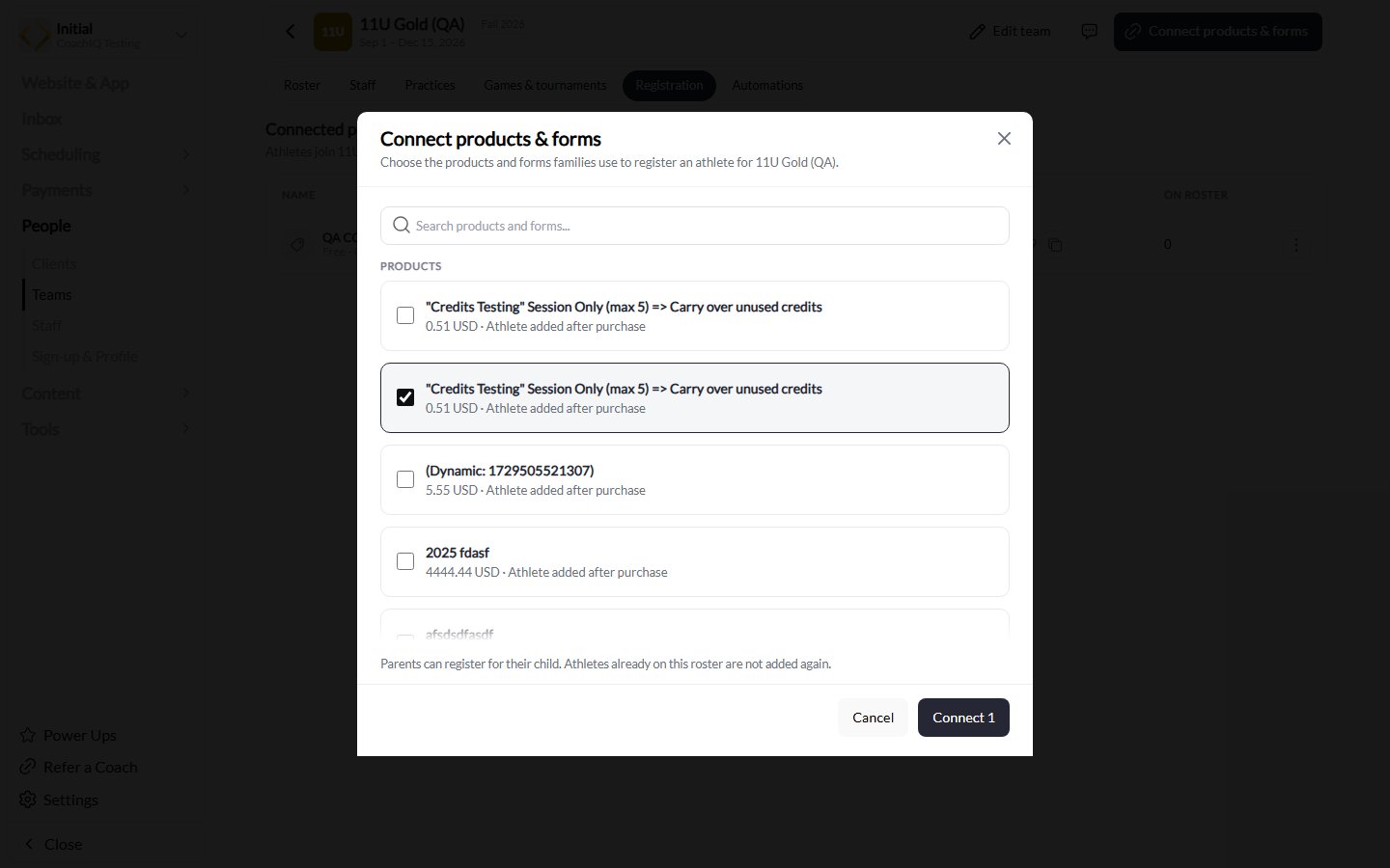 Connect products and forms dialog with one product selected and a Connect 1 button