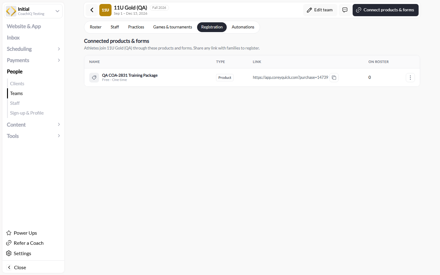 Team Registration tab with the connected product, Type, Link, copy control, and On roster count