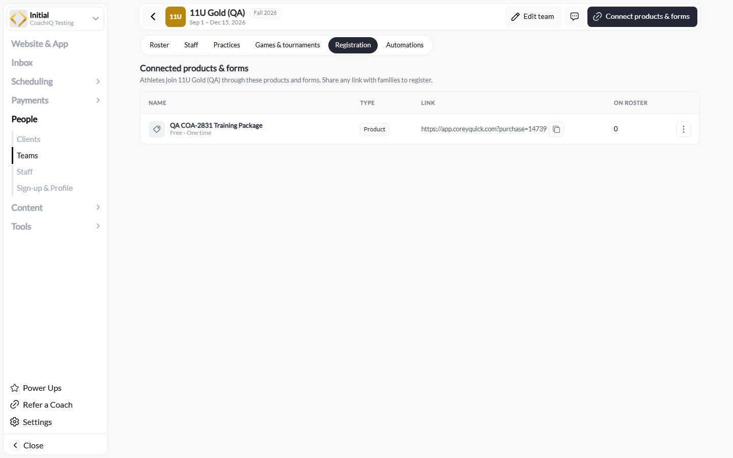 Team Registration tab with the connected product, Type, Link, copy control, and On roster count