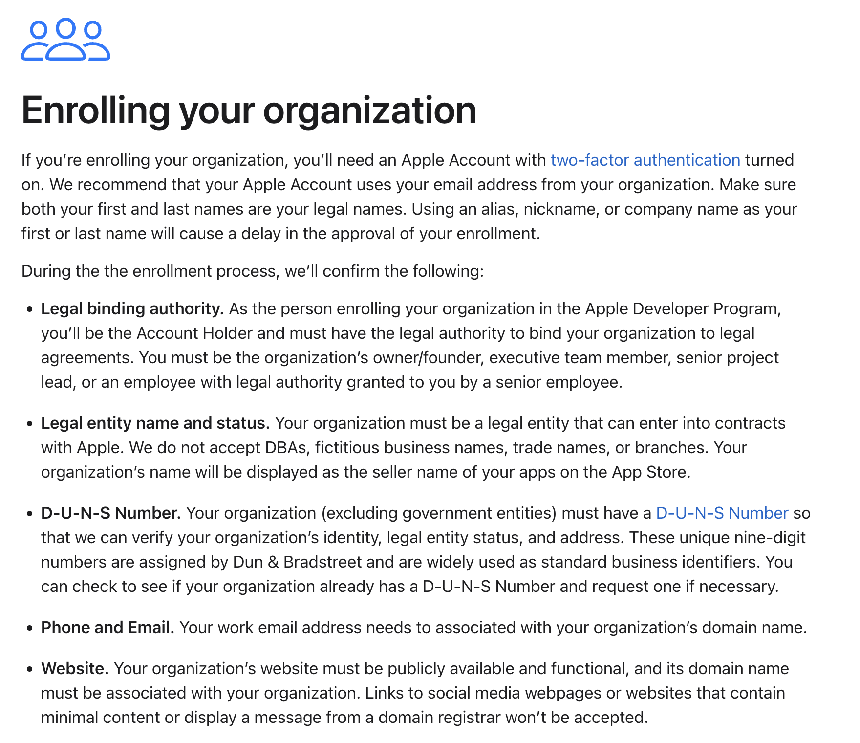Apple Developer Program page showing Enrolling your organization and its business verification requirements