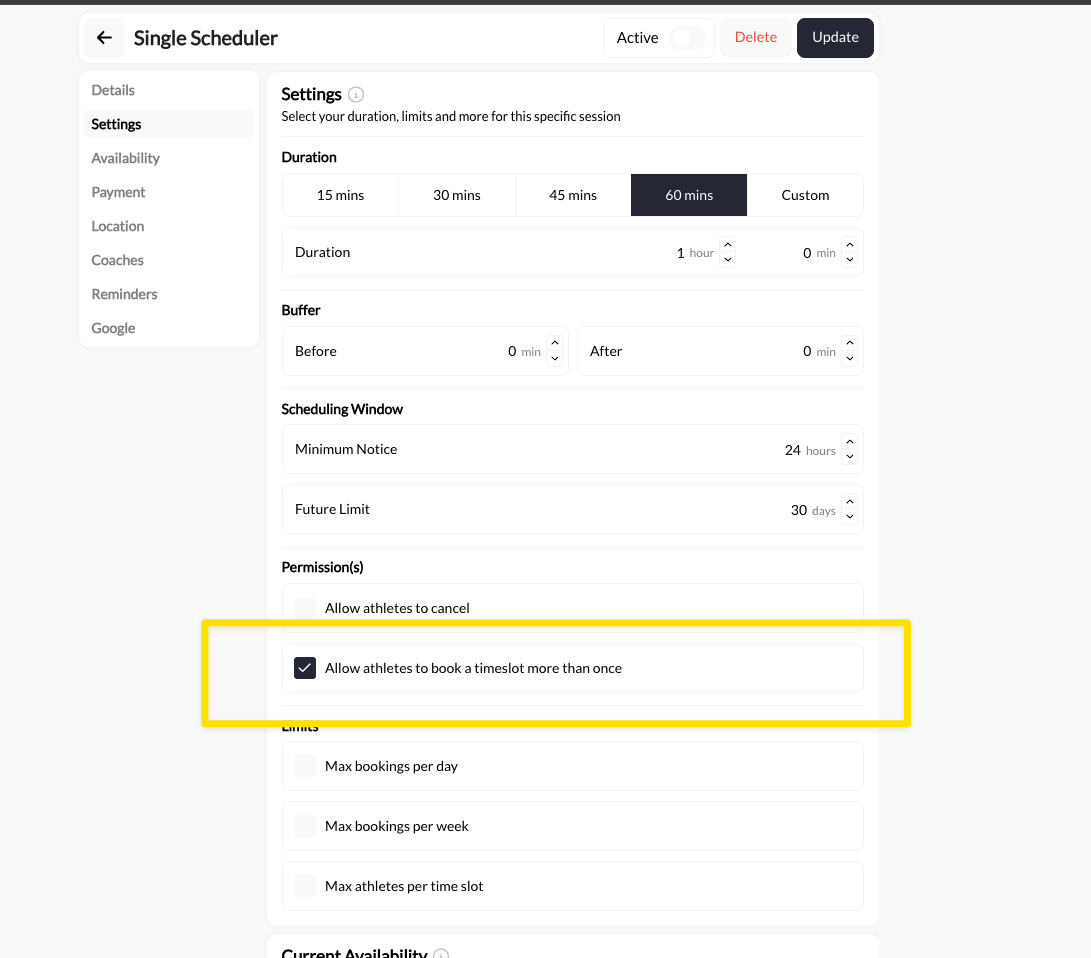 Scheduler settings showing the permission to allow athletes to book a timeslot more than once