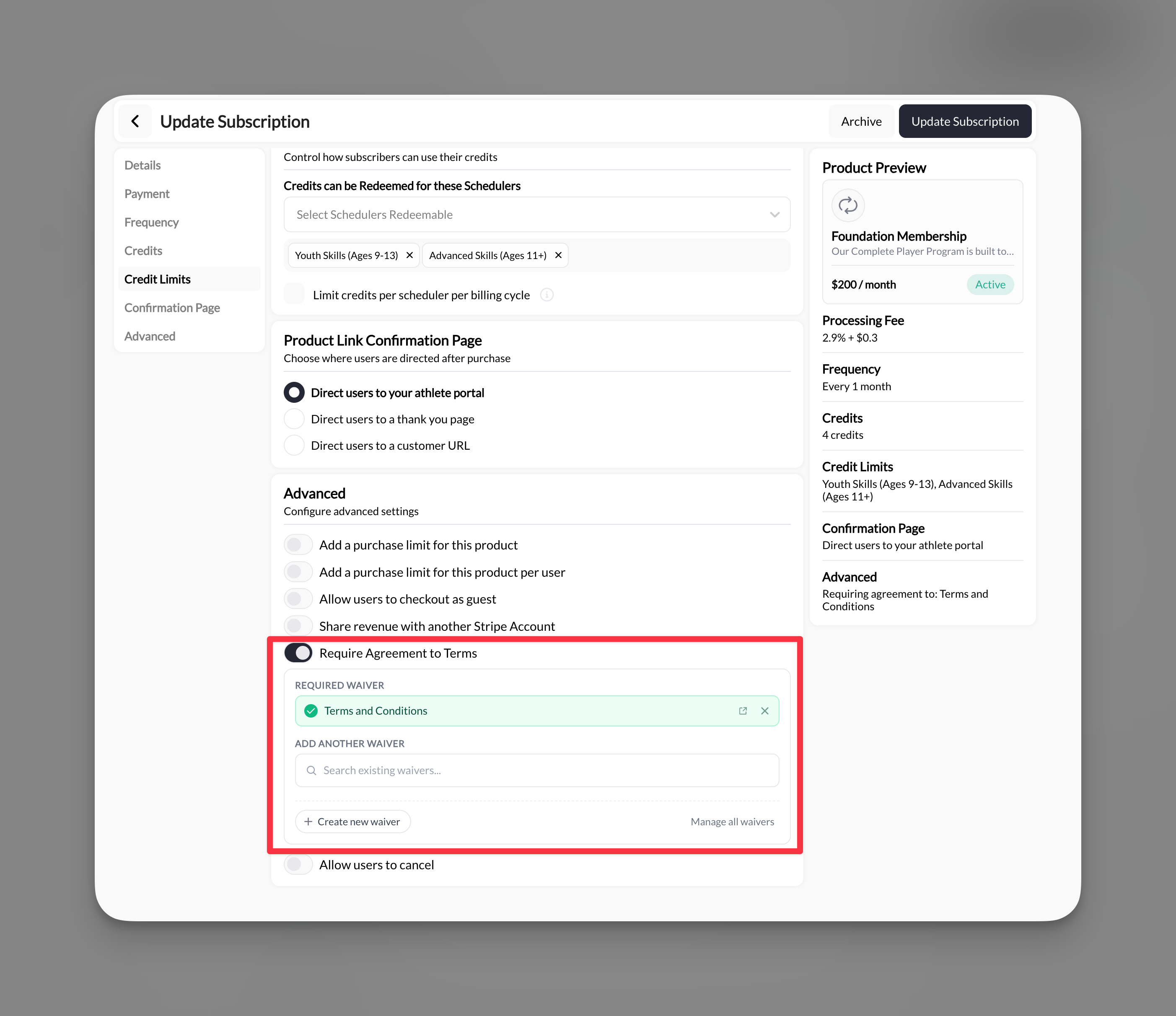 Product Advanced tab showing Require Agreement to Terms toggle with linked waiver