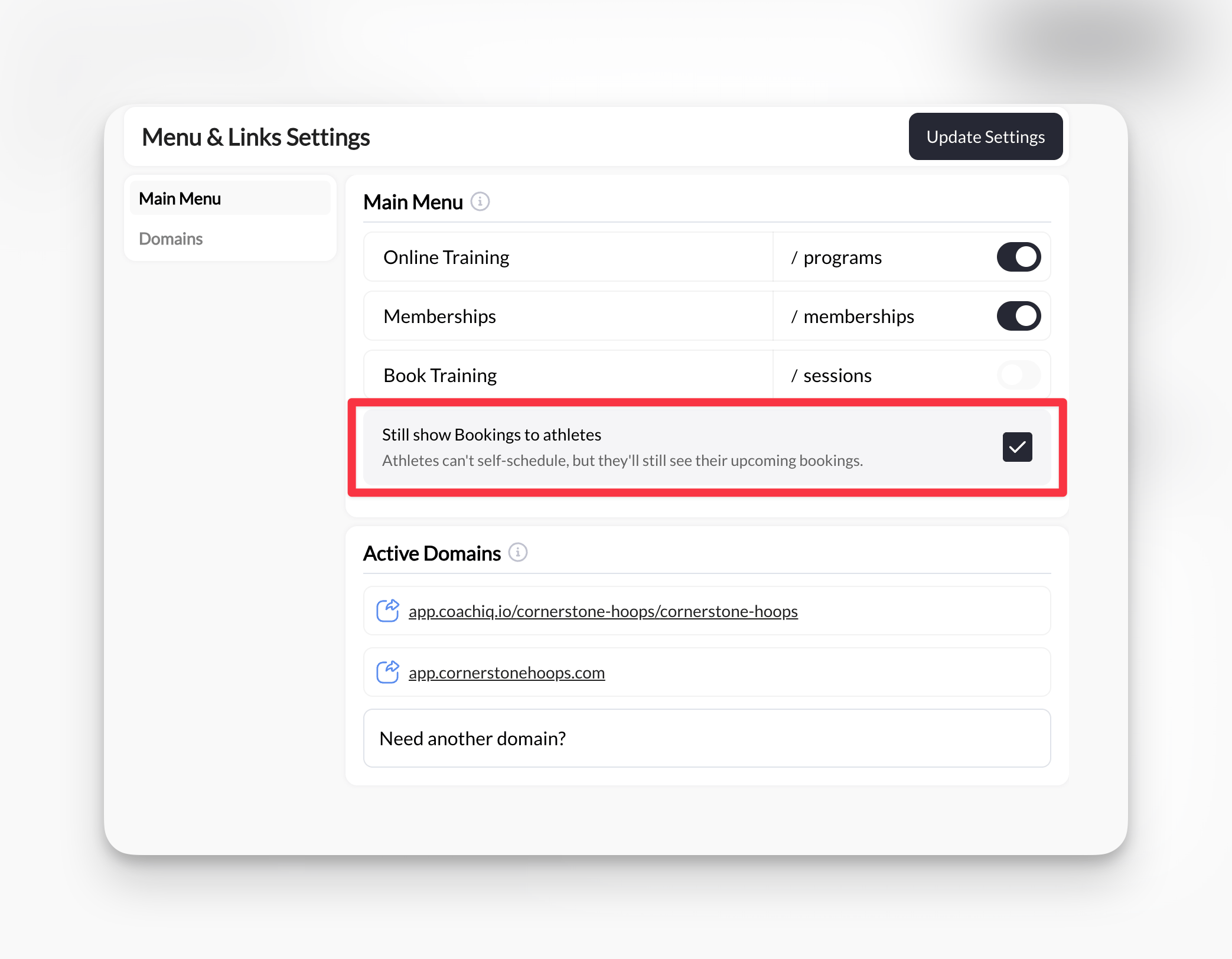 Menu & Links Settings with Still show Bookings to athletes checkbox highlighted