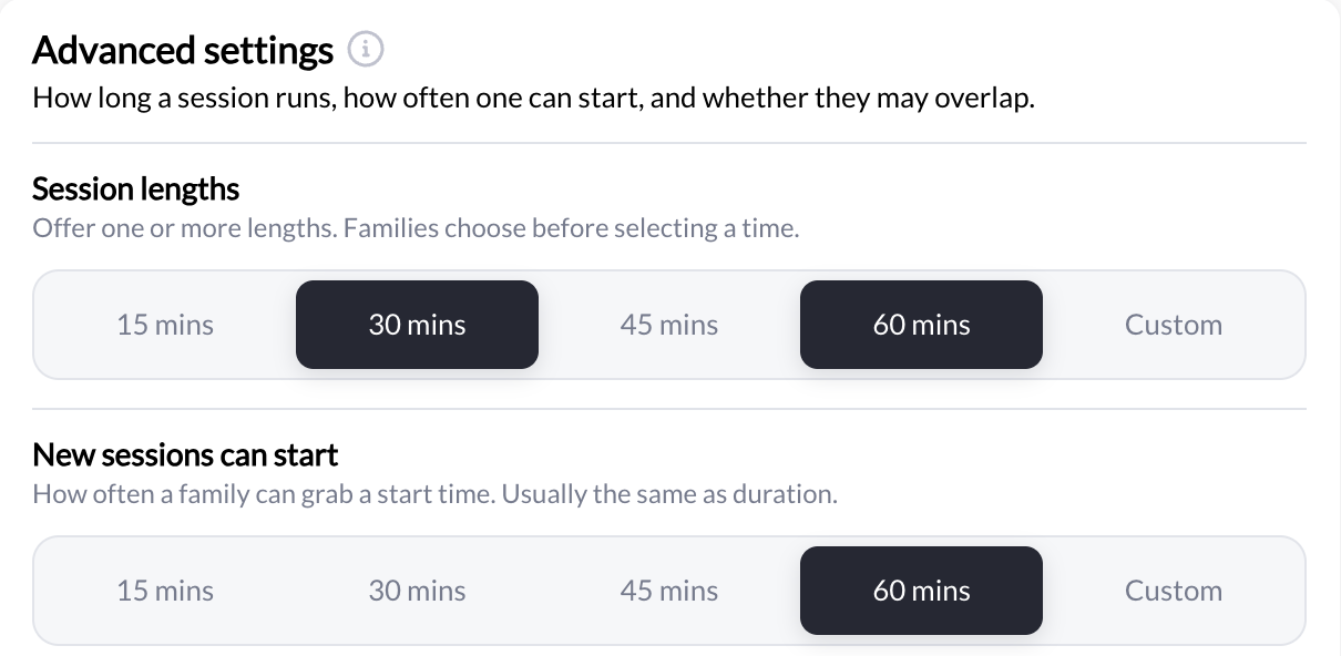Advanced settings with 30-minute and 60-minute session lengths selected