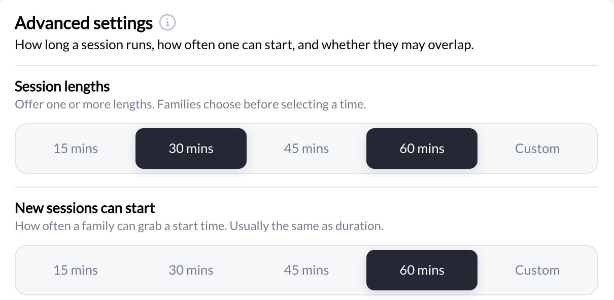 Advanced settings with 30-minute and 60-minute session lengths selected