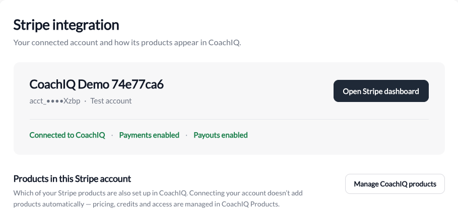 Stripe test account showing separate connection, payment, and payout status