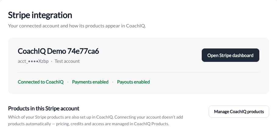 Stripe test account showing separate connection, payment, and payout status