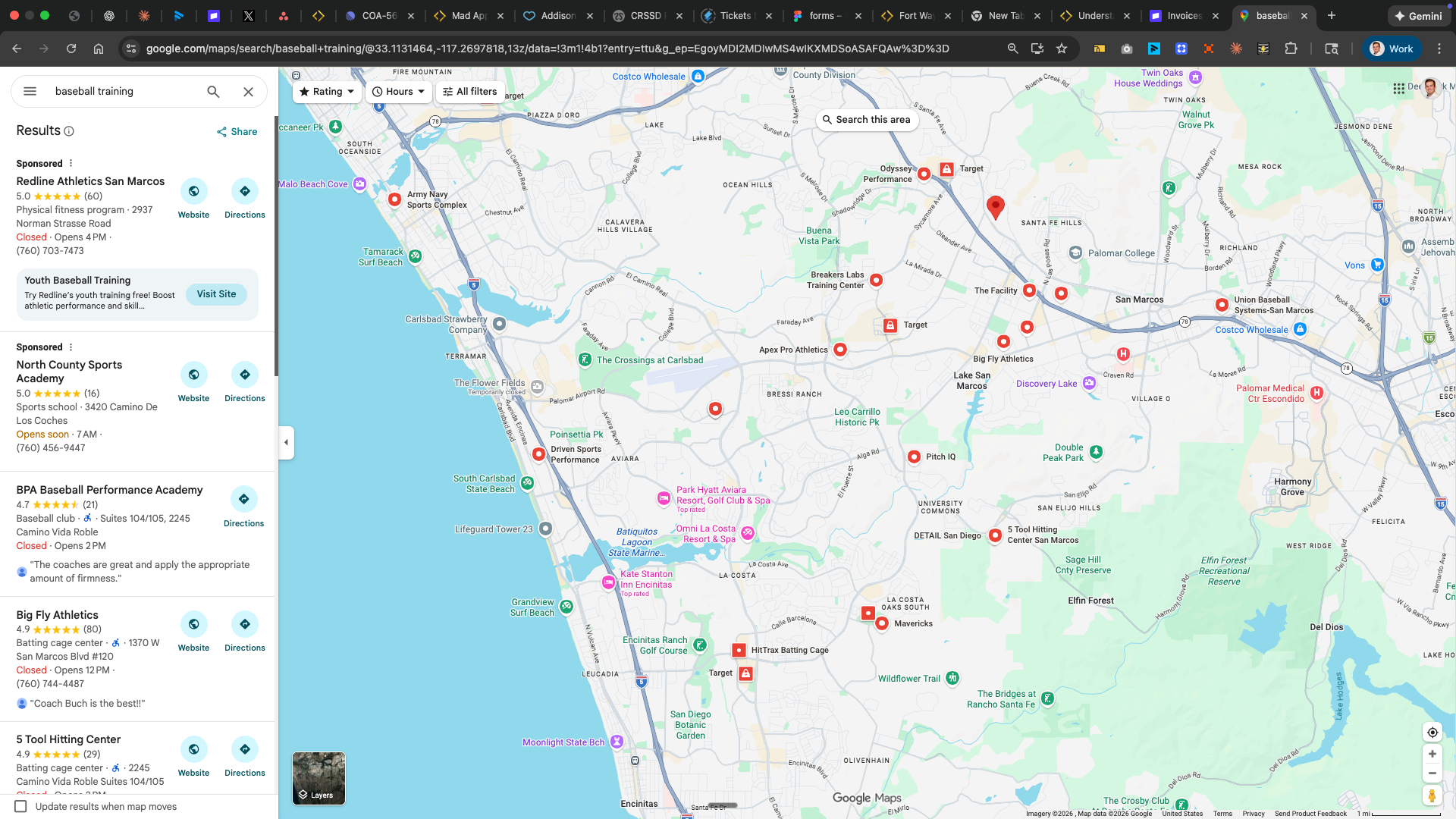Google Maps showing local business results for sports training
