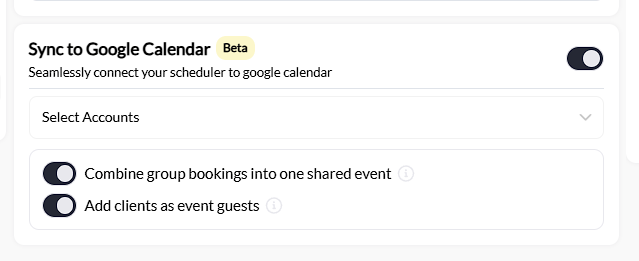 Sync to Google Calendar settings showing the combine group bookings and add clients as event guests toggles