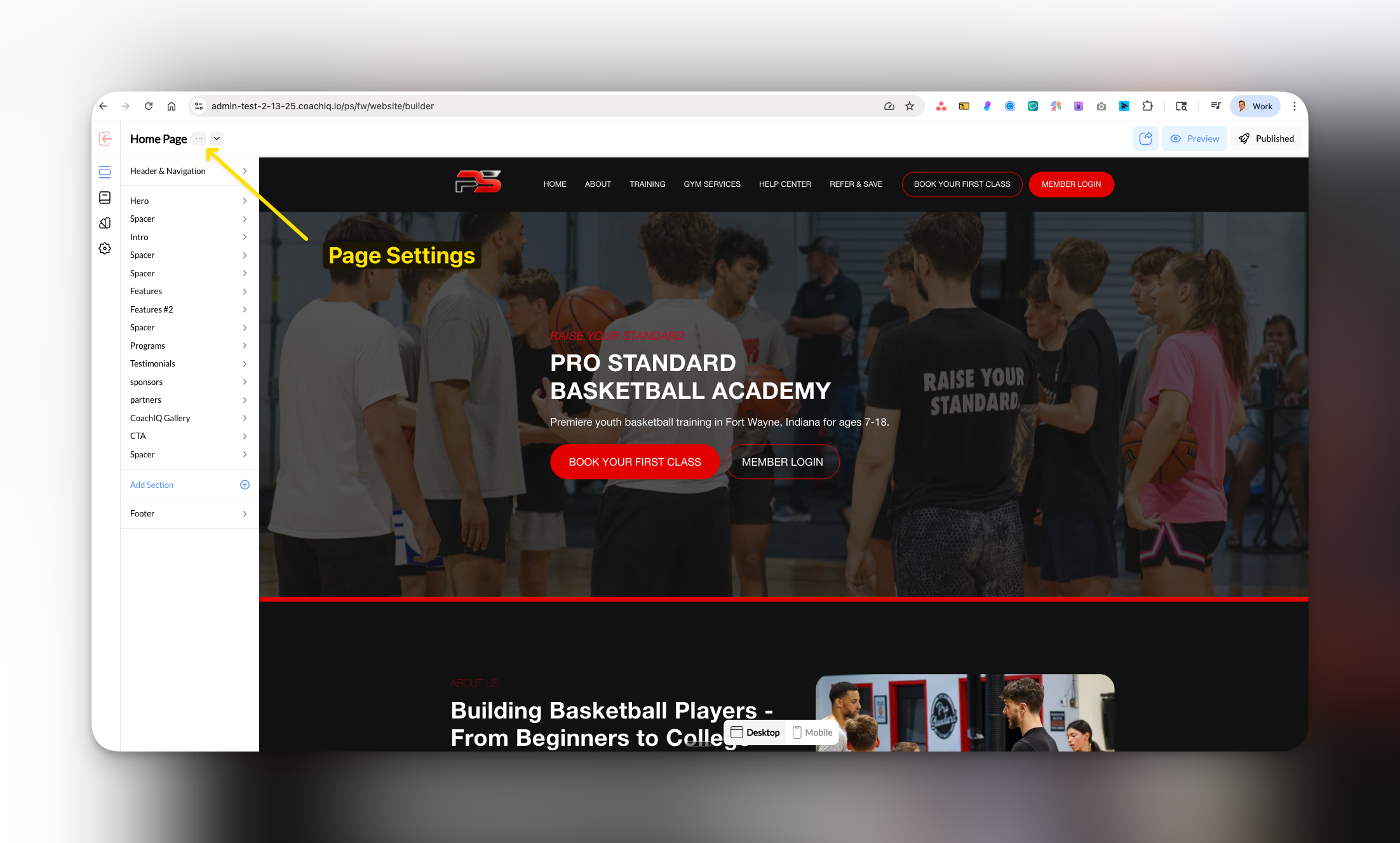 Page Settings panel location in CoachIQ Website Builder interface