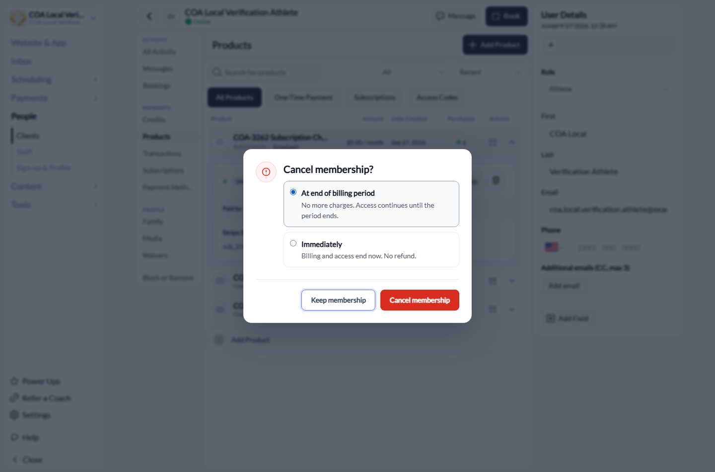 Cancel membership dialog with end-of-period and immediate options