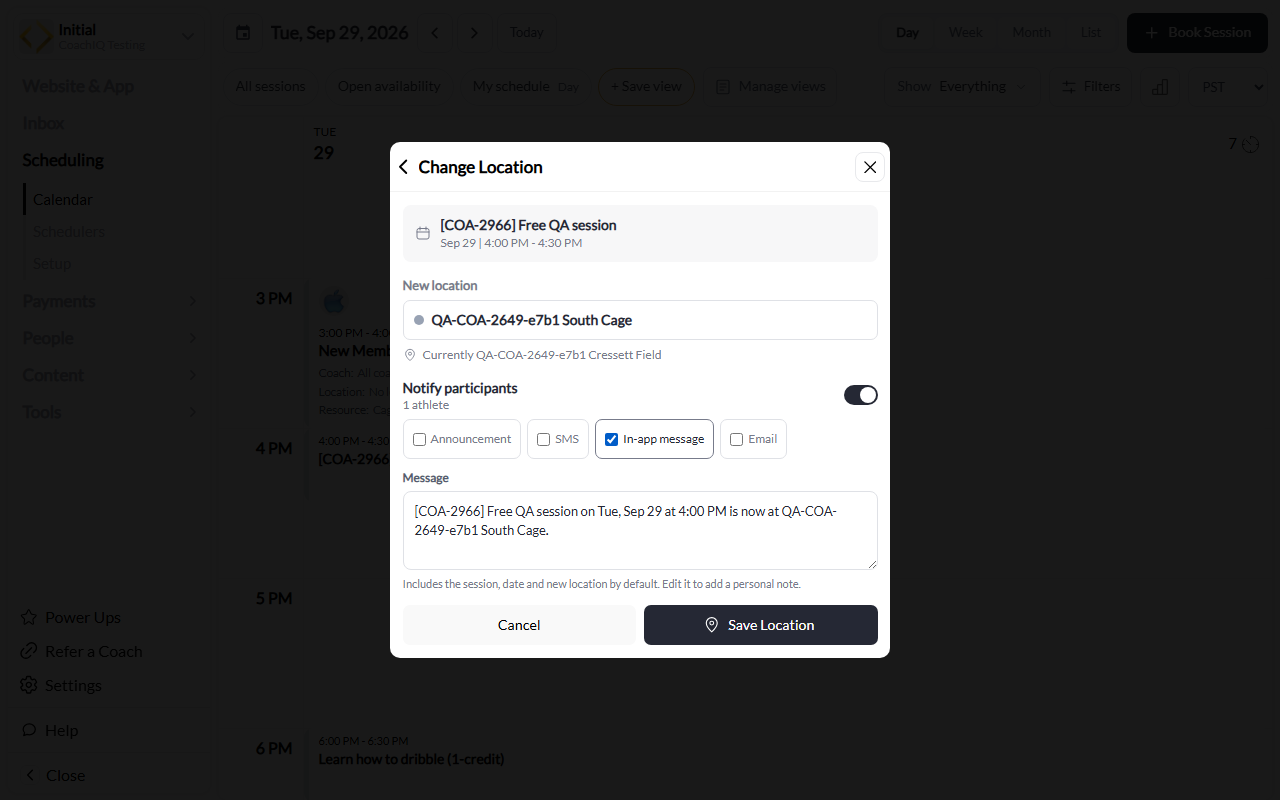 Change Location with recipient count, channel choices, message, and Save Location