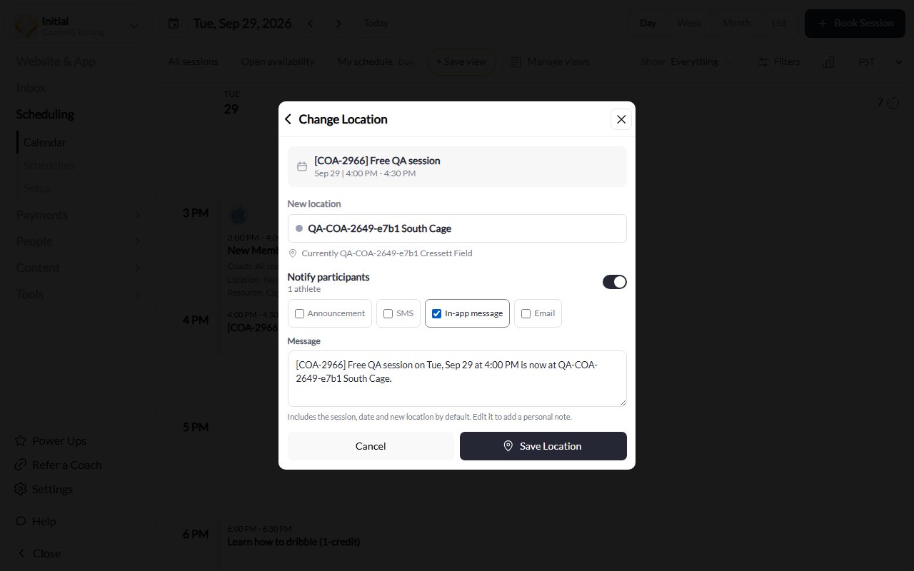 Change Location with recipient count, channel choices, message, and Save Location