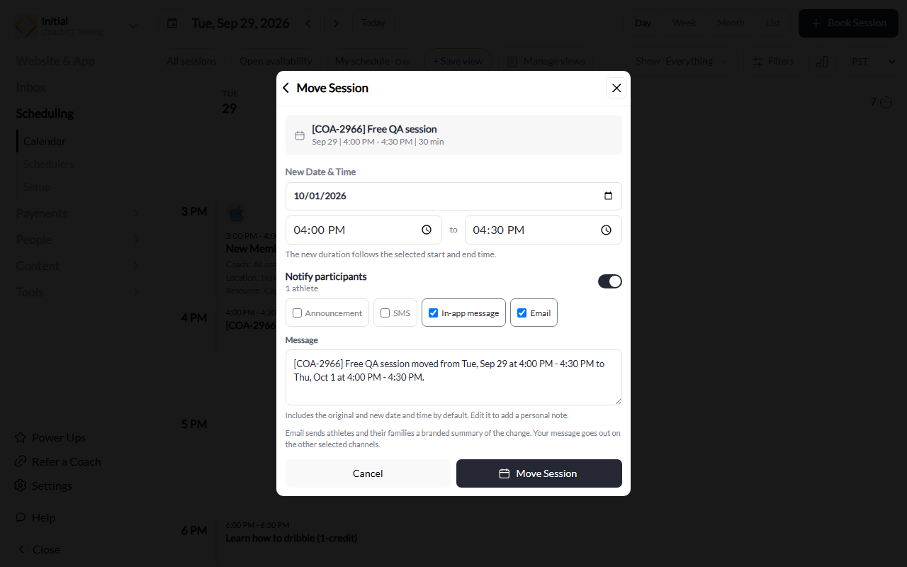 Move Session with Notify participants, In-app message, and Email options