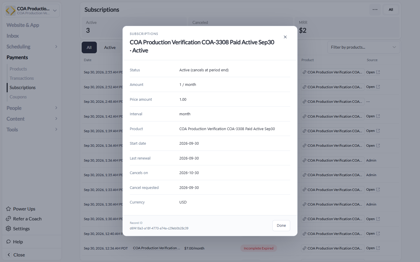 Subscription details showing Active cancels at period end, Cancels on, and Cancel requested