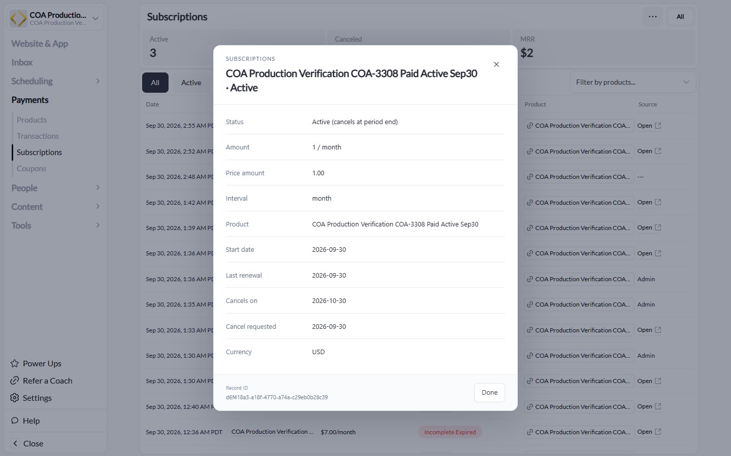 Subscription details showing Active cancels at period end, Cancels on, and Cancel requested