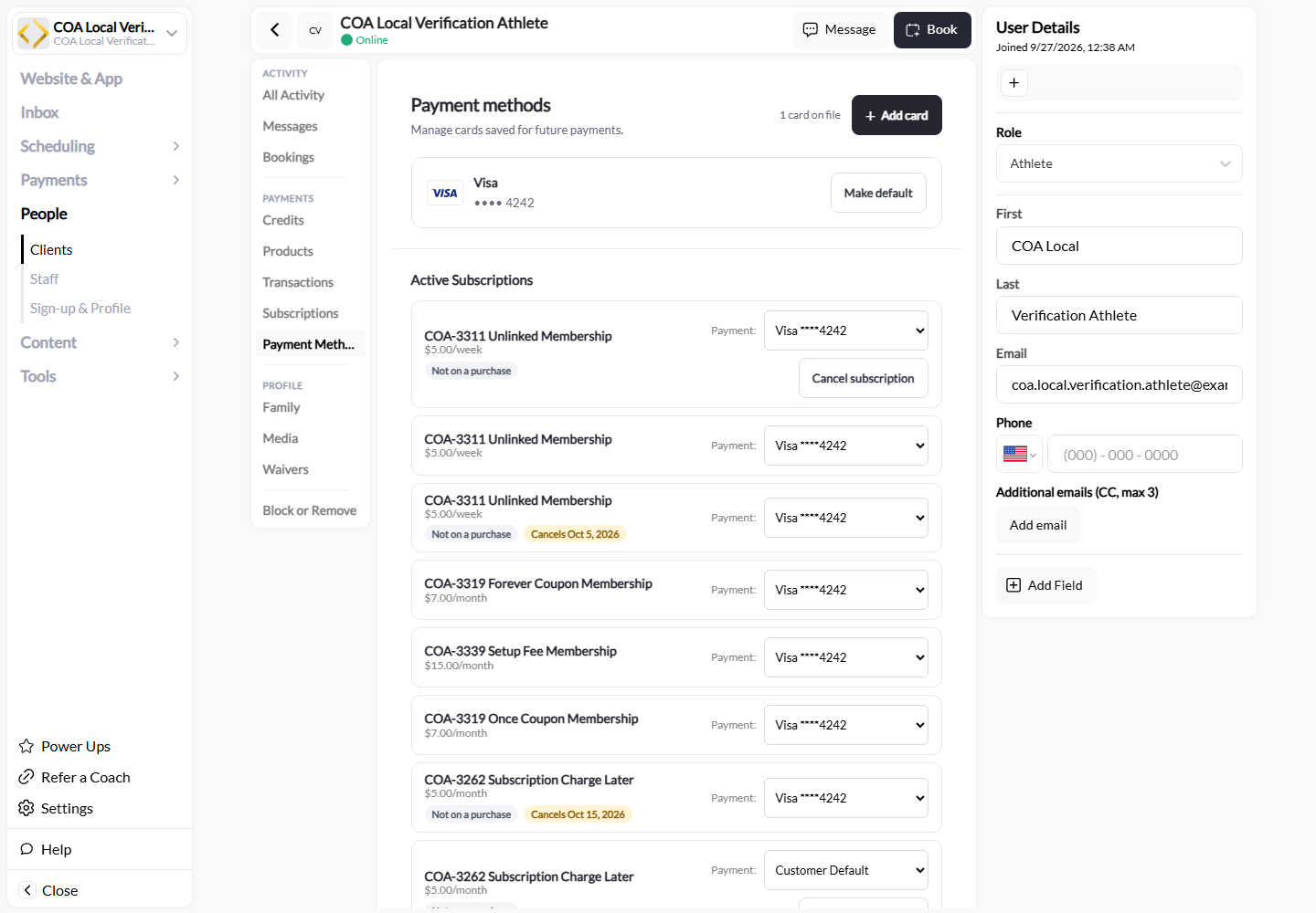 Payment Methods showing Not on a purchase and Cancel subscription