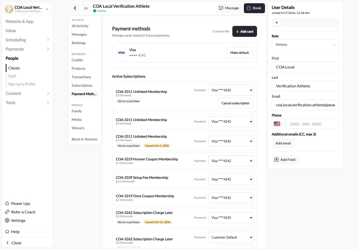 Payment Methods showing Not on a purchase and Cancel subscription