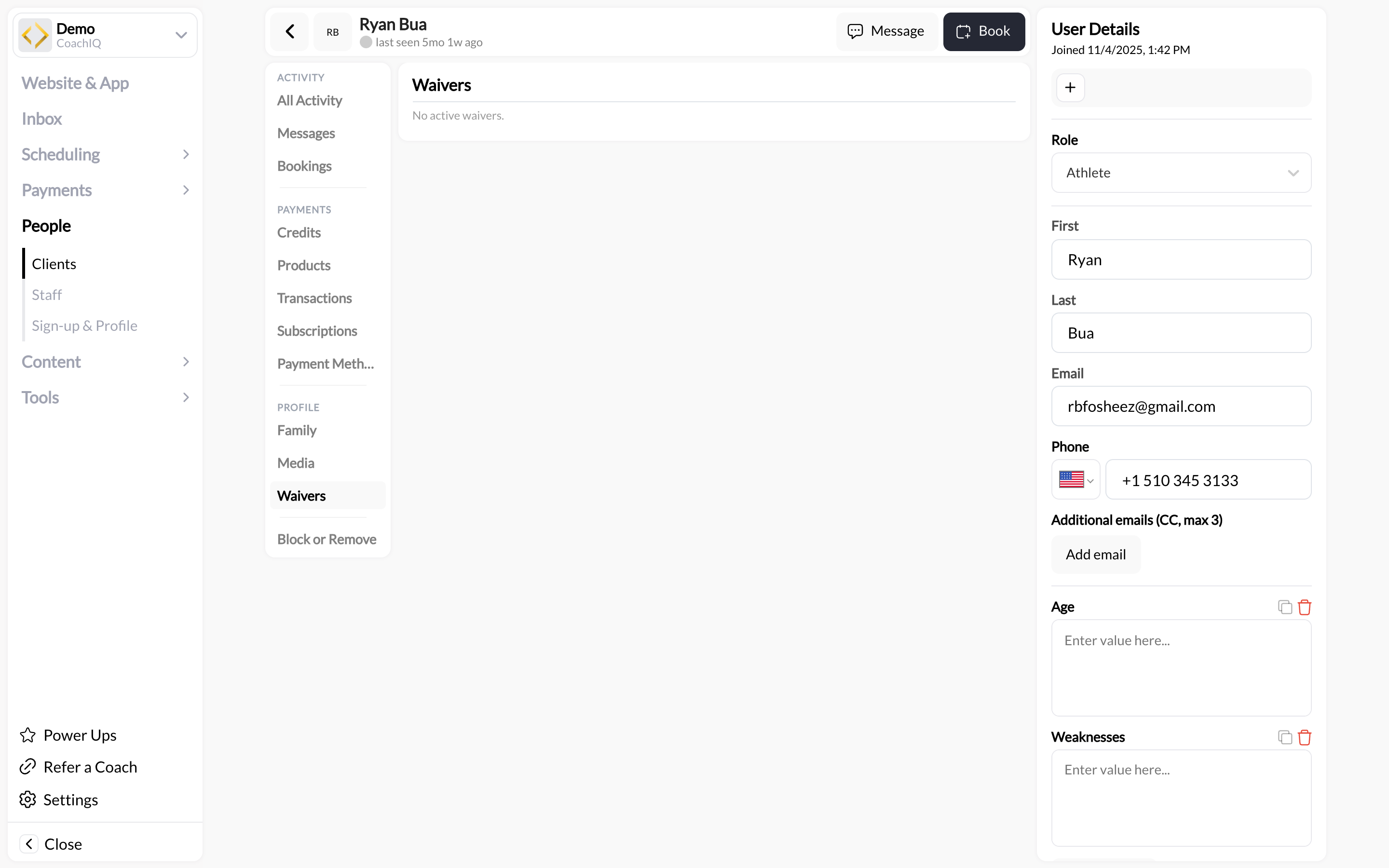 Client profile Waivers tab showing the accepted count and Accept buttons