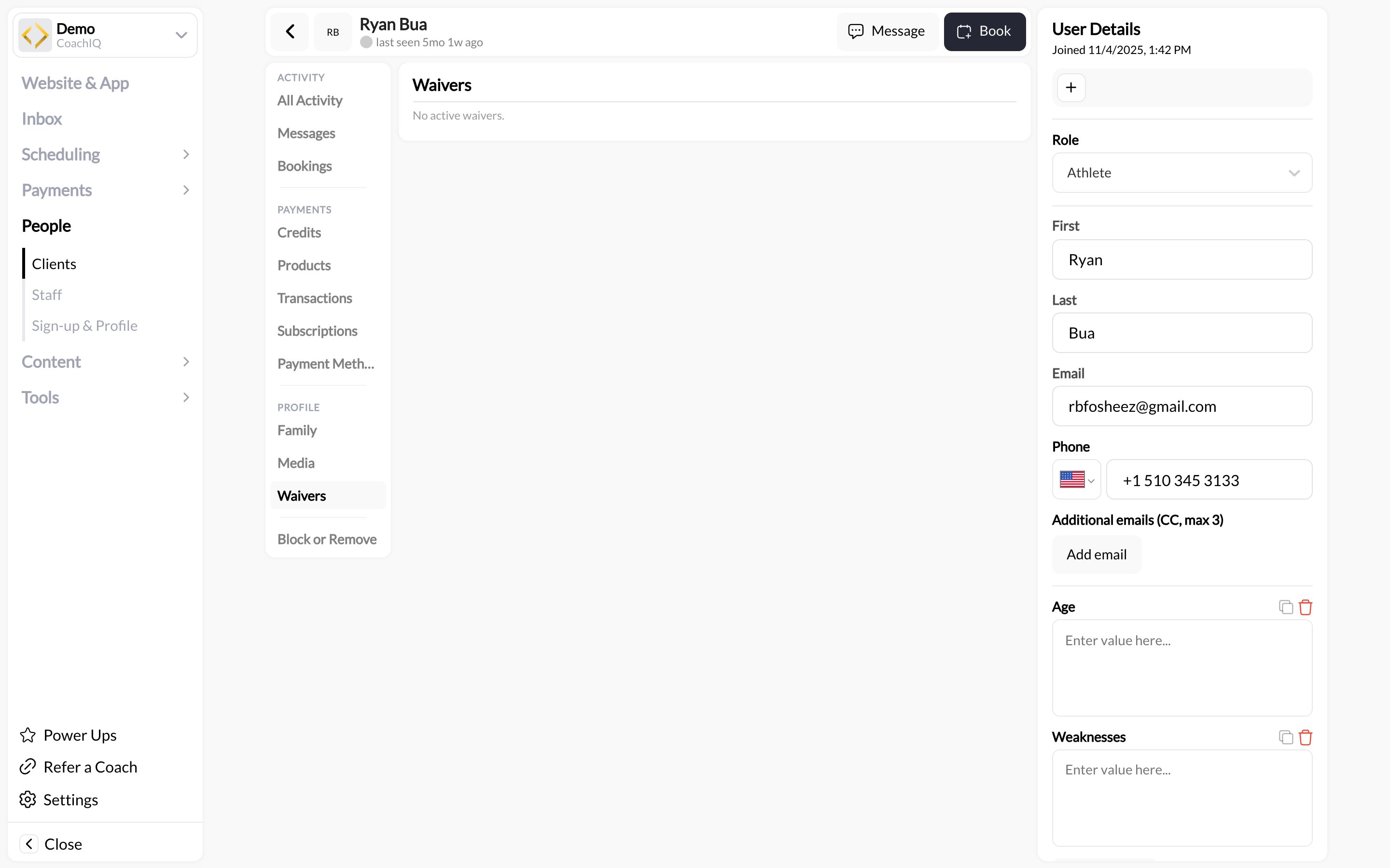 Client profile Waivers tab showing the accepted count and Accept buttons