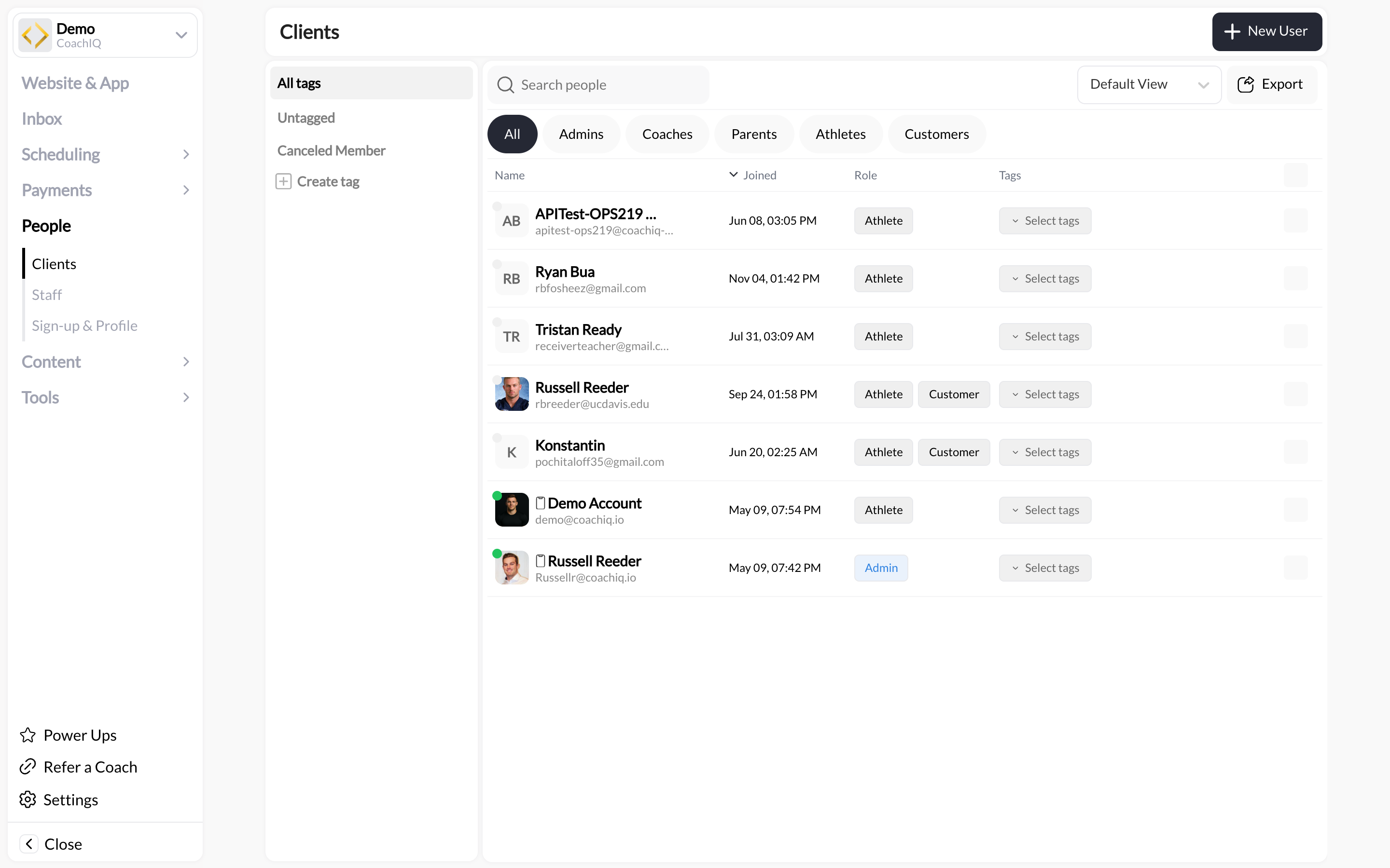 CoachIQ Clients list with names, join dates, roles, and tags