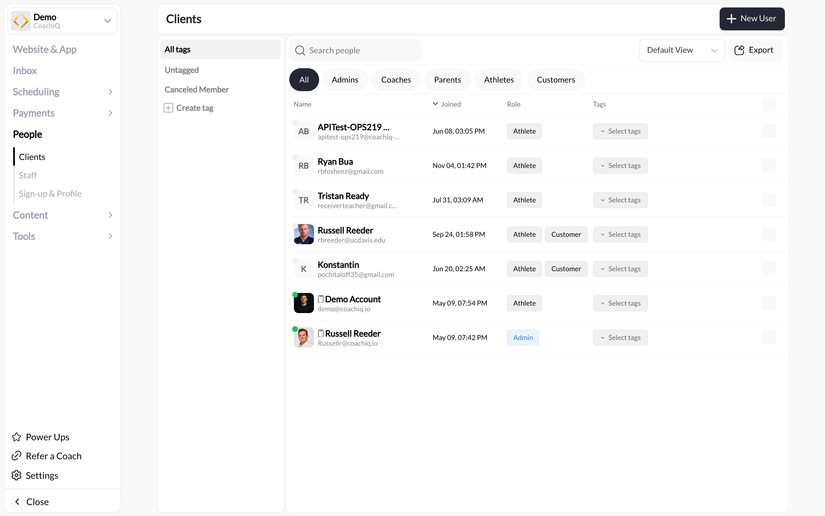 CoachIQ Clients list with names, join dates, roles, and tags