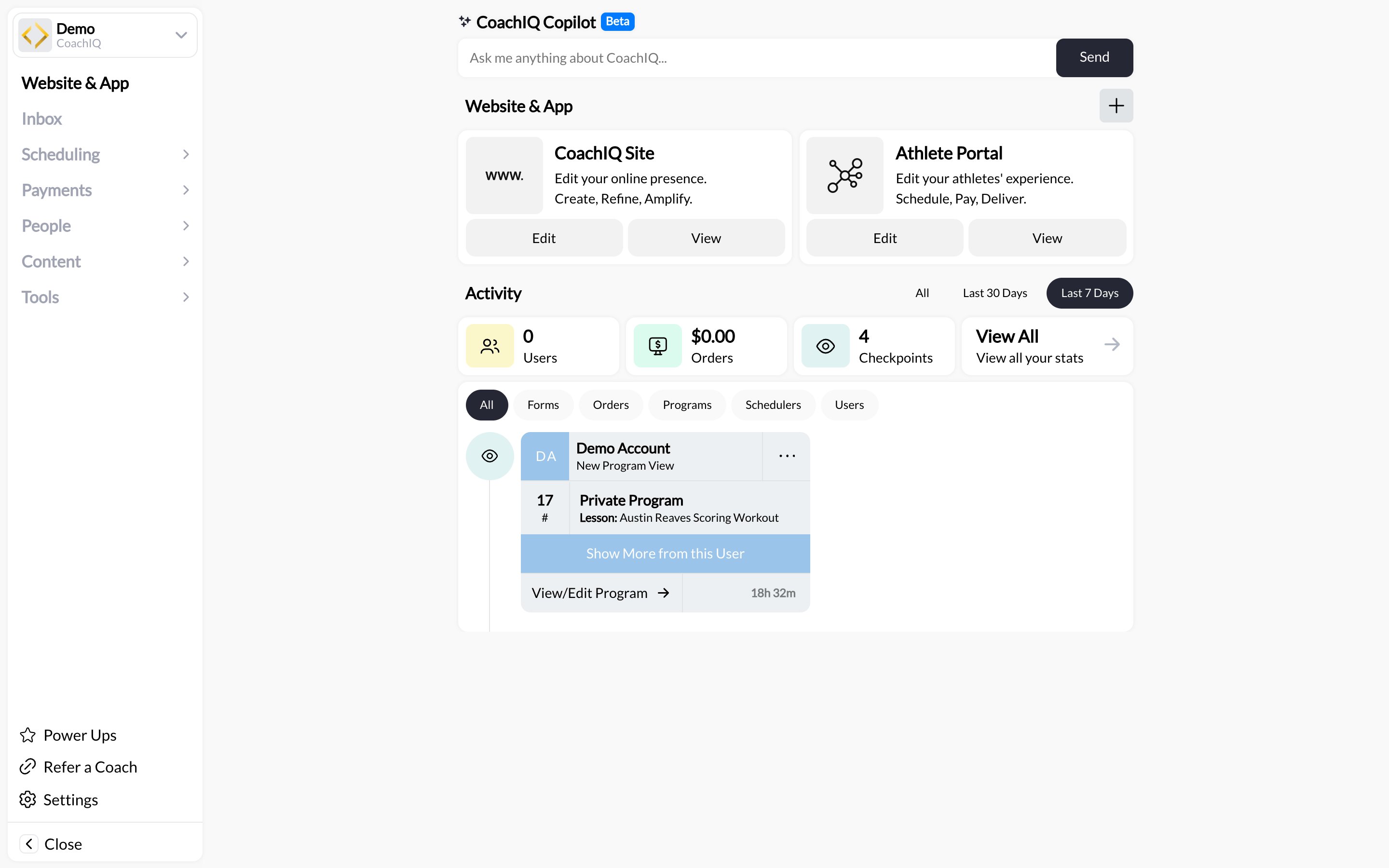 CoachIQ Copilot (Beta) prompt bar at the top of the dashboard