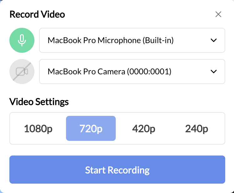 New Recording setup with microphone, camera, resolution, and Start Recording controls