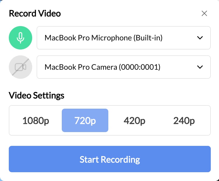 New Recording setup with microphone, camera, resolution, and Start Recording controls