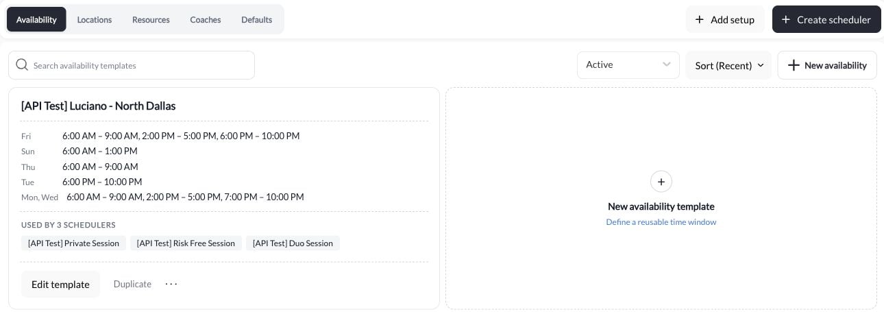 Setup Availability showing an existing template, connected schedulers, and New availability