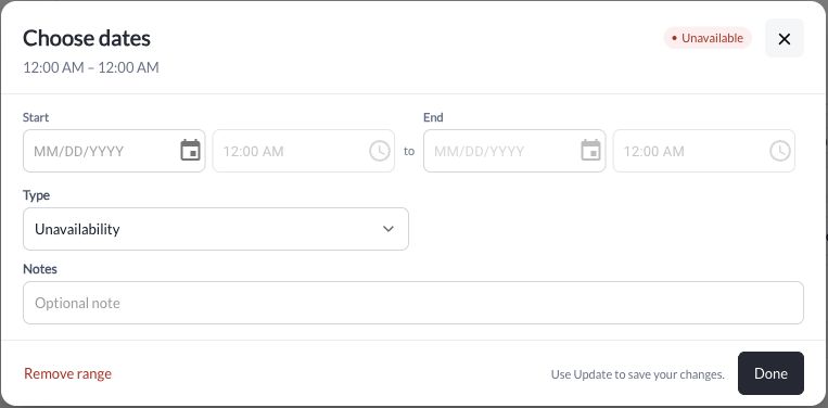 Specific dates used to block unavailable time