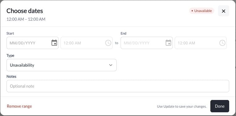 Specific dates used to block unavailable time
