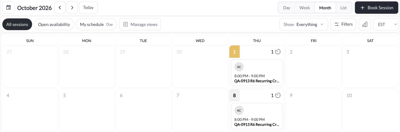 CoachIQ calendar with view controls, saved views, filters, timezone, and Book Session