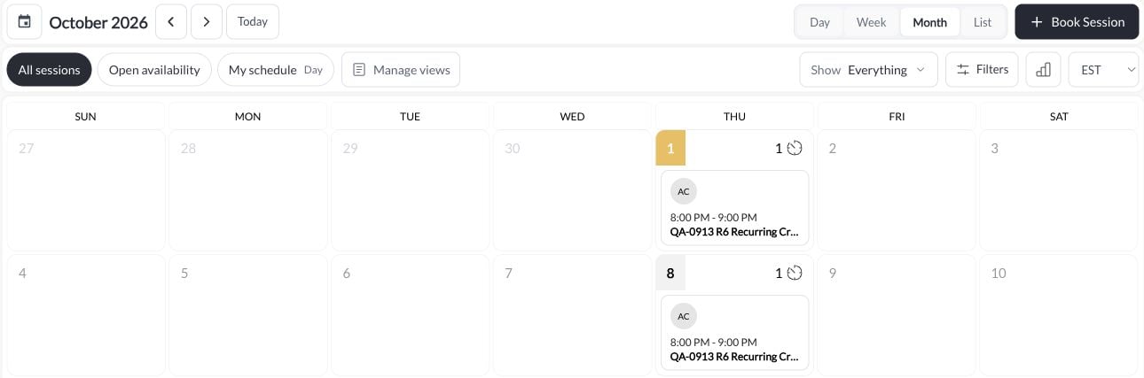 CoachIQ calendar with view controls, saved views, filters, timezone, and Book Session