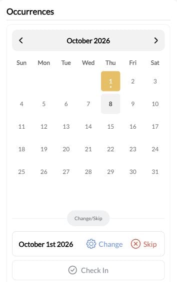 Selected occurrence with Change, Skip, and Check In actions