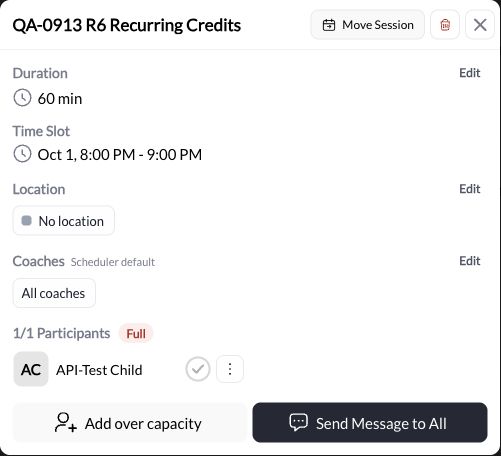 Session modal showing participant list with check-in circles