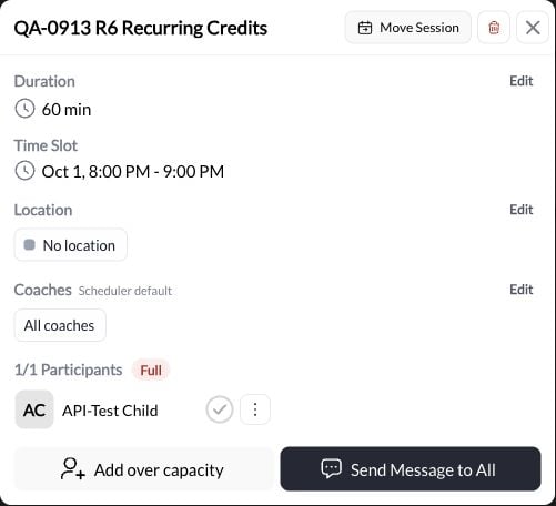 Session modal showing participant list with check-in circles